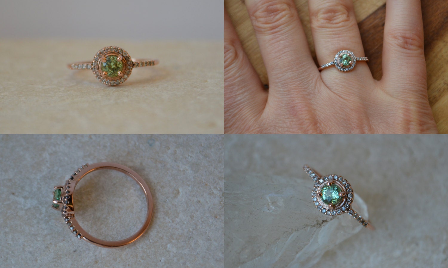 Rose Gold Halo Ring With Merelani Mint Garnet and Diamonds - Introductory Price