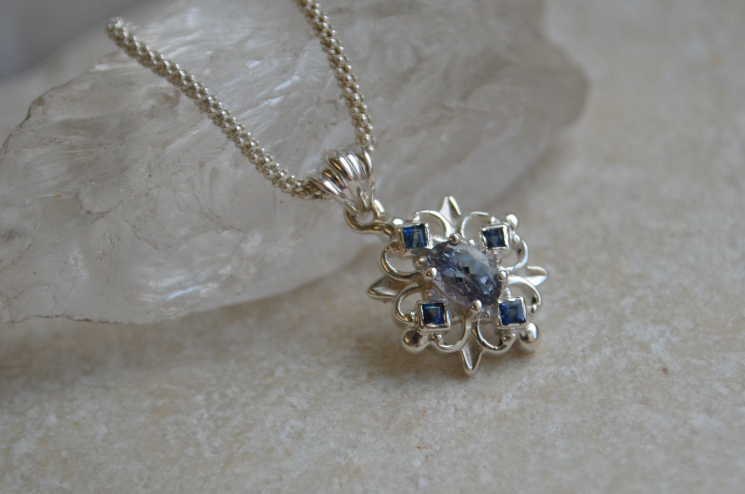Antique Style Tanzanite and Sapphire Necklace in Argentium Silver