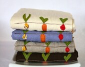 Linen Tea Towel, Hand Appliqued, Garden Vegetable Trio on Linen, Choose Your Color