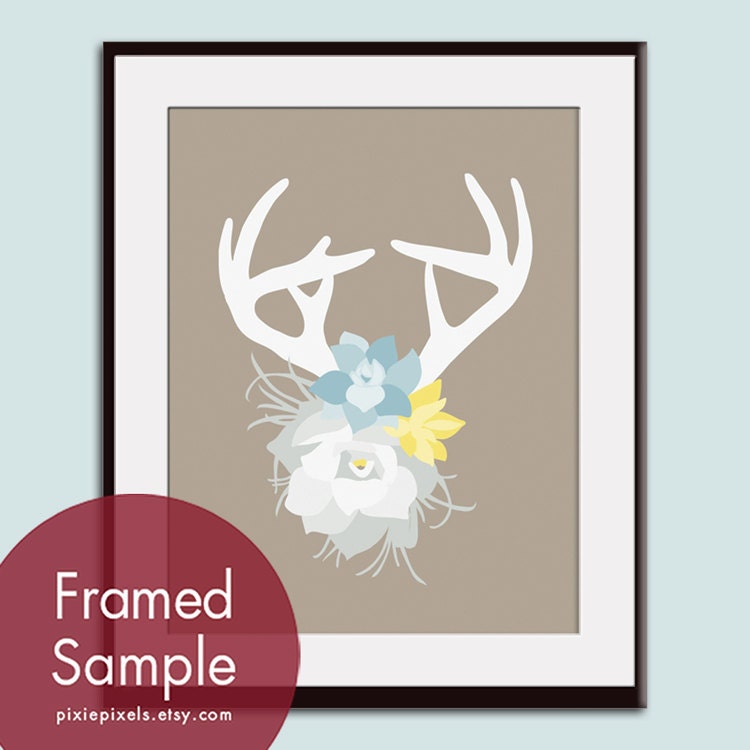 Deer Head Silhouette with Flowers (series A) 16x20 Art Print  (Assorted Colors) VIntage Modern Style (Customized Colors)