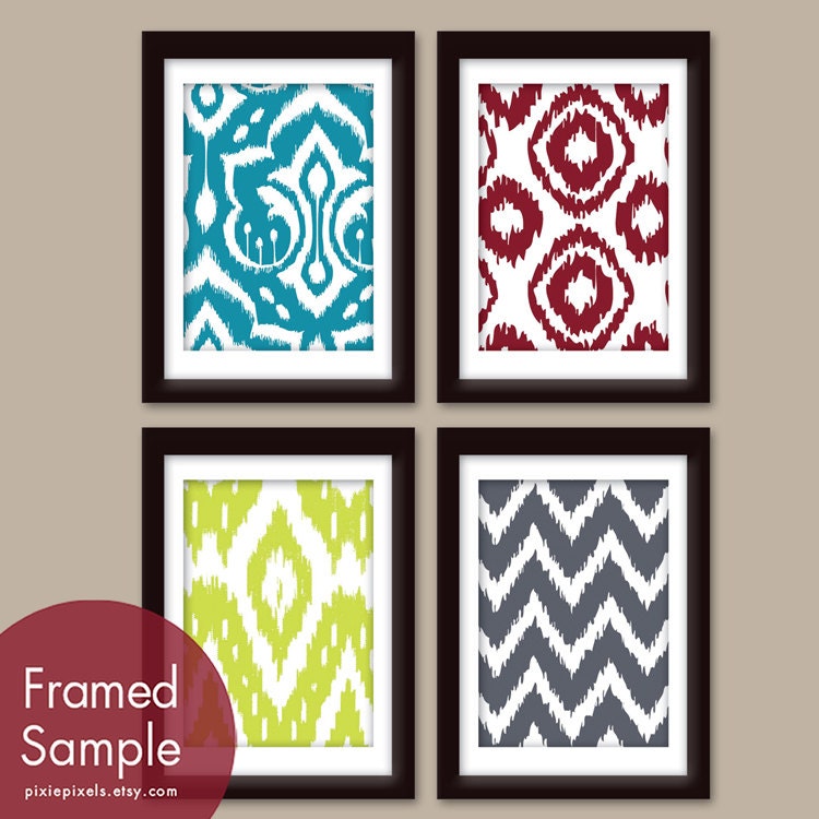 Ikat Tribal Patterns (Series A) -Set of 4 - 5x7 Art Prints (Featured in Atlanic, Brick Red, Celery and River Rock)
