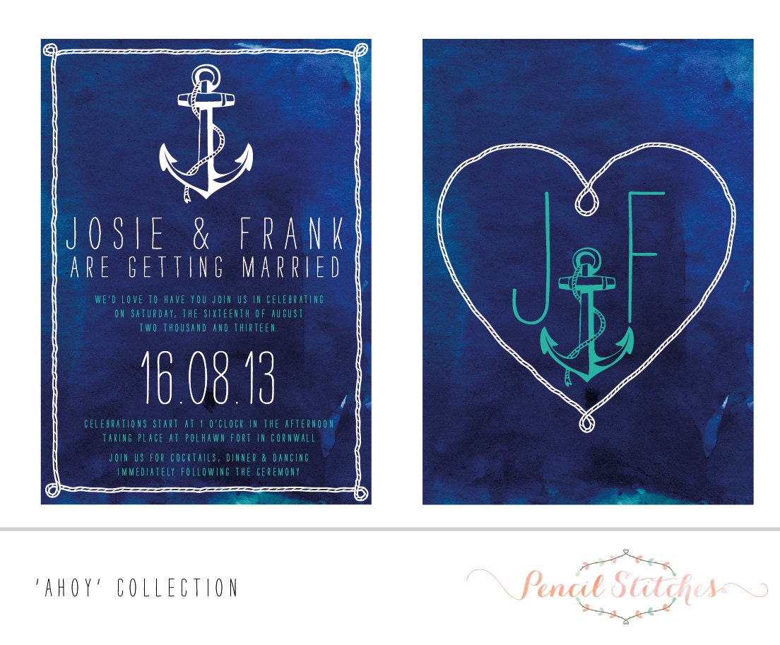 Ahoy Nautical Blue  Wedding Invitations - DIGITAL FILE ONLY