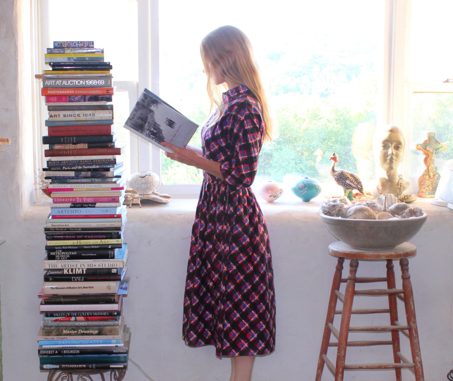 Vintage 1950s Day Dress . Mad Men Style Unique Retro Colorful Plaid Cotton . Medium to Large