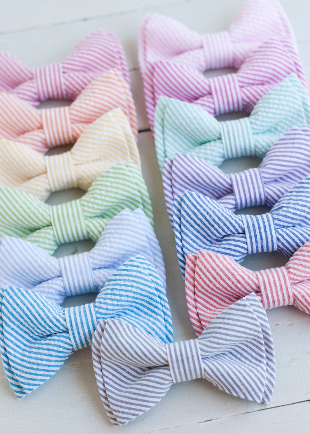The Beau- classic stripe seersucker double stacked bow ties for boys and men of all ages- choose from 13 shades (clip or strap selection)