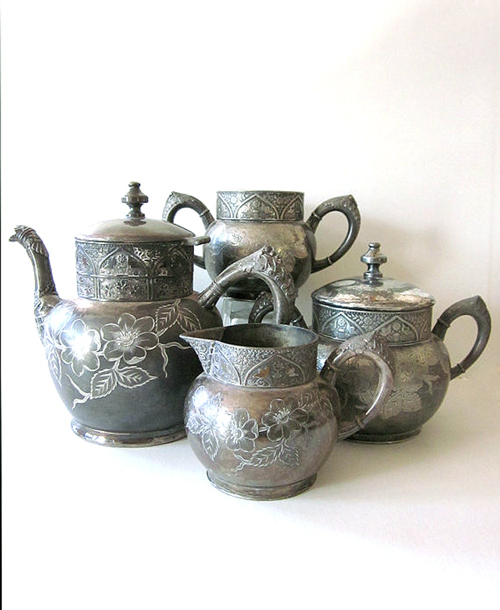 Antique Silver Tea Service Hartford Silver Tea Pot, Sugar Bowl, Creamer Tea Set