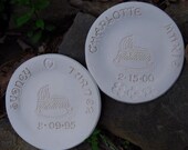 CUSTOM baby text plate personalized with name and birth date heirloom keepsake handmade by Big Dog Pots Pottery bigdogpots