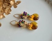 Brandy quartz and gemstone gold cluster earrings gemstone drop cluster amethyst onyx garnet citrine