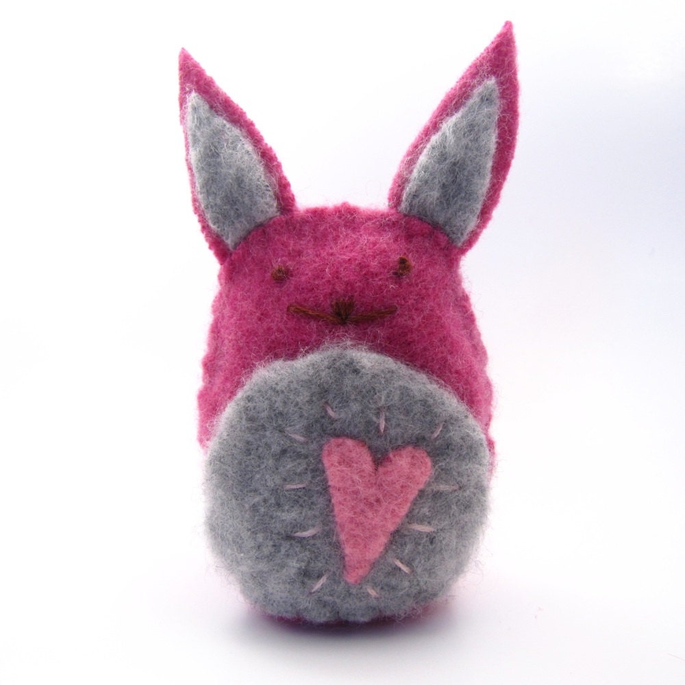 Pink Rabbit Softie, Pink and Gray Easter Bunny, Felted Cashmere Toy