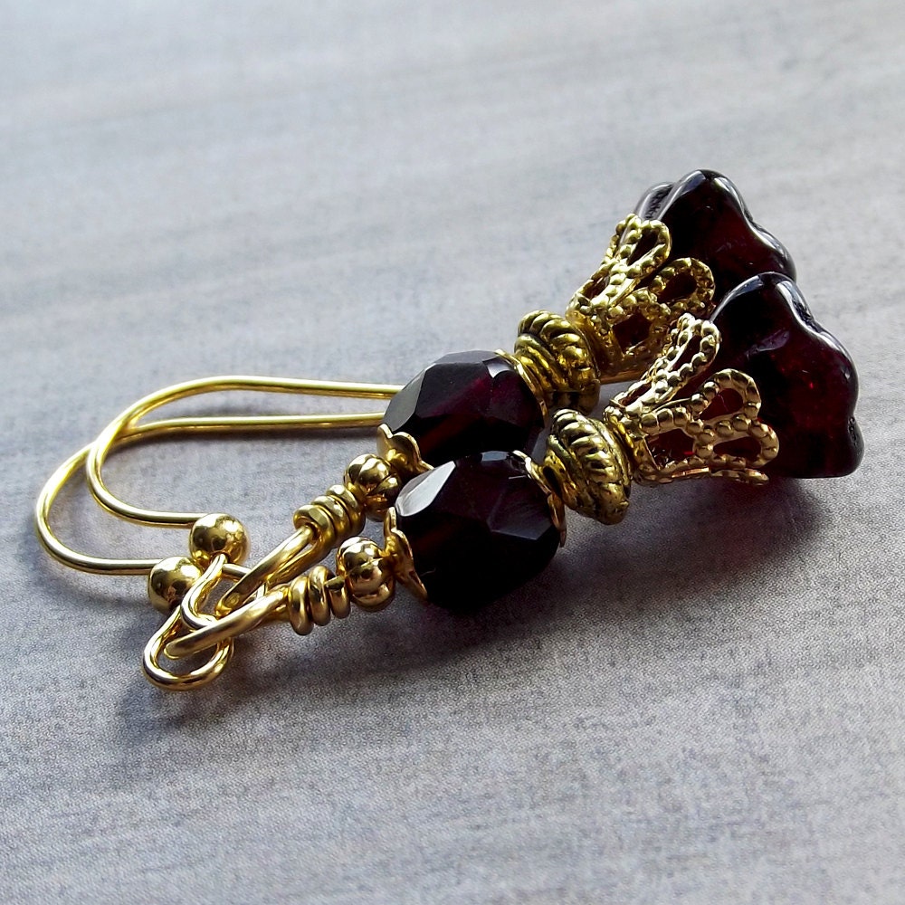 Handmade Earrings -Dark Red Garnet Flowers & Crystals