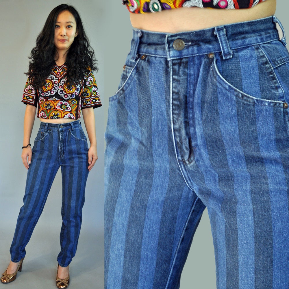 80s vintage high waisted jeans / Distressed Stripe Denim Jeans / ZENA Vintage Blue Jeans skinny taper leg XS / 24 Waist
