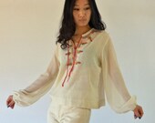 vintage 1970s Babydoll Hippie Top / Sheer Bohemian Embroidered Blouse / Long Balloon Sleeve Blouse / Sheer Gauze Festival Blouse XS / S