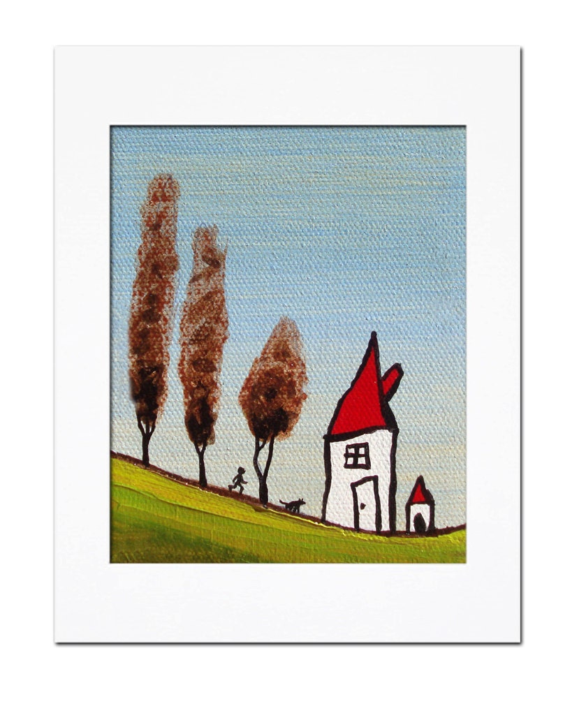 DOG WALK - landscape painting original Matted PRINT whimsical art Harris 11x14 green tree trees dogs house