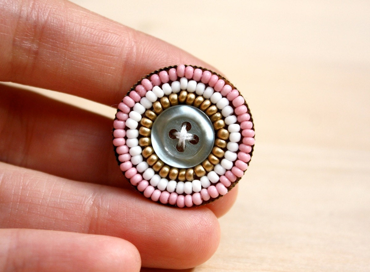 Candy Button - Beaded Geometric Brooch with Pink & White Seed Beads