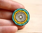Candy Button - Beaded Geometric Brooch with Yellow & Teal Seed Beads