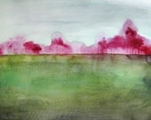 Landscape Painting - Grace - Wall Art - Trees Field Country Art - Original Watercolor Painting - Wall Decor - 18x24 - Magenta Green Blue