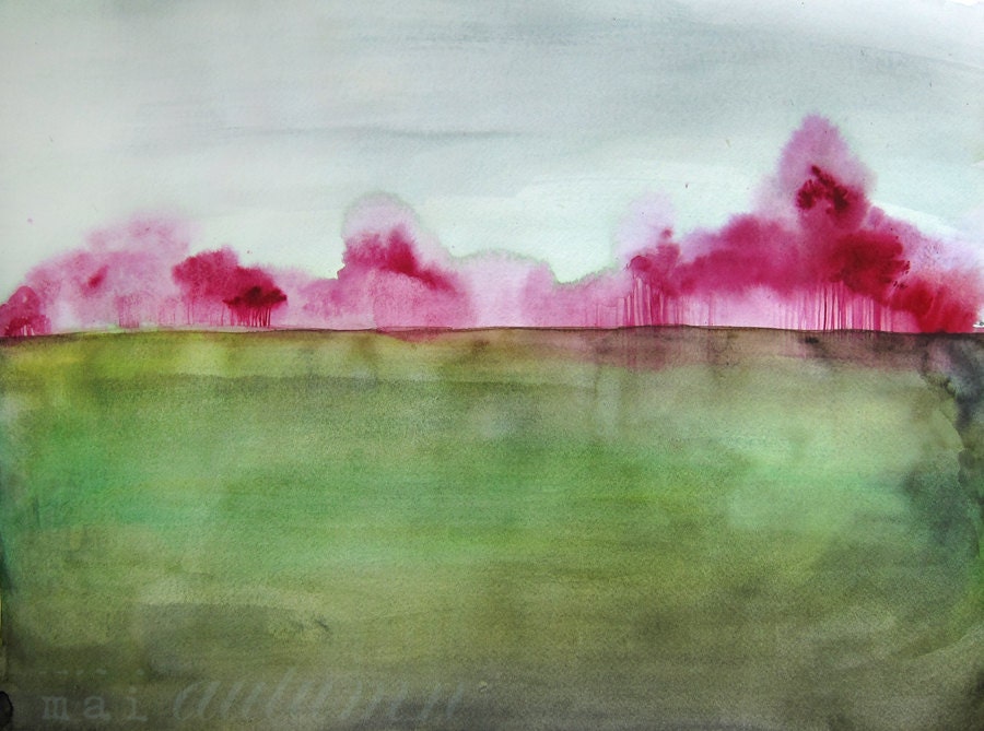 30% Off SALE - Landscape Painting - Grace - Wall Art - Trees Field Country Art - Original Watercolor Painting - Wall Decor - 18x24 - Magent