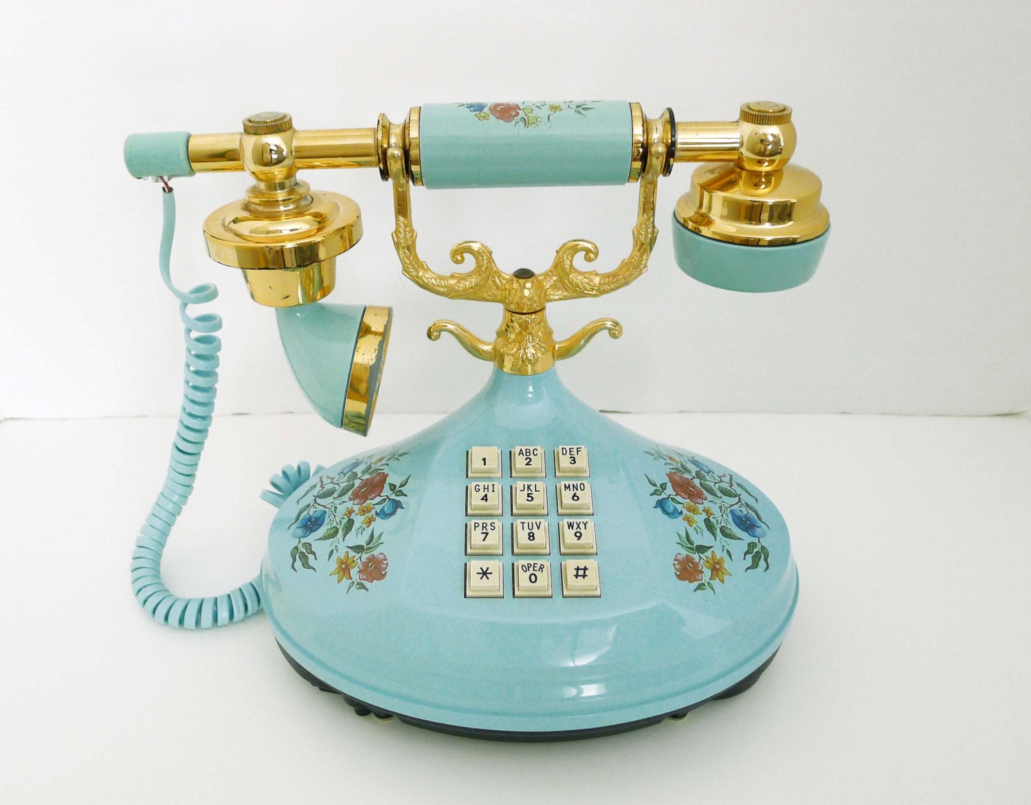 Vintage Empress Mint / Light Teal Florals Printed Princess Phone