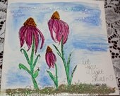 MarveLes Original  PINK DAISIES Greeting Card on brown  cardstock Pink Yellow Aqua