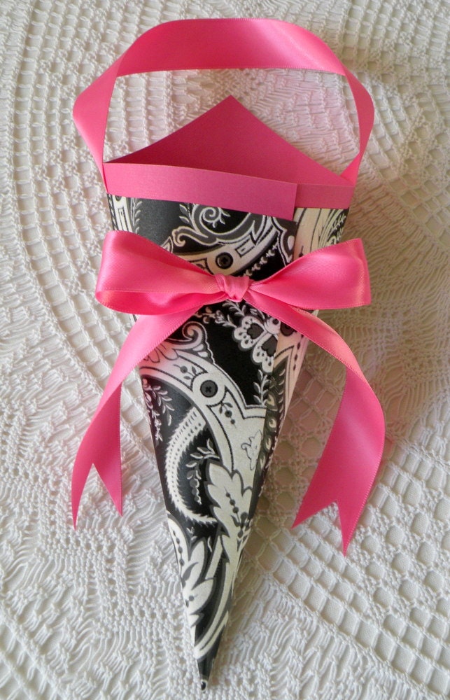 Black & White Paisley w/ Hot Pink or ANY Custom Color Flower Girl Petal Basket or Wedding Decor Cone for Aisle, Chruch Pew, Special Chairs