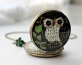 SHOP SALE- Woodland Owl Pocket Watch Necklace in Antique Brass. Leaves. Long Necklace.