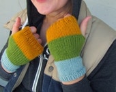 Tri color wrist warmer fingerless gloves - gold, apple green, seafoam blue