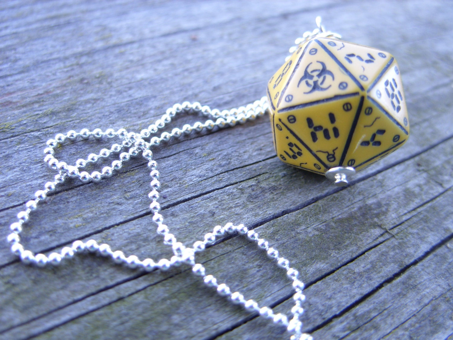 neuroshima biohazard D20 dice pendant dice jewelry grey gray biological hazard dice necklace