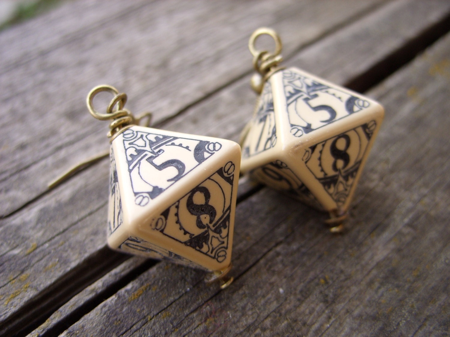 D8 steampunk dice earrings dice jewelry dnd dungeons and dragons toothed bar