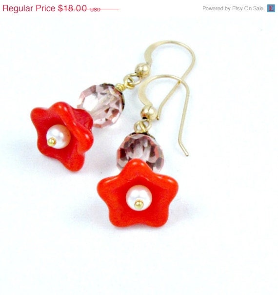 SALE Coral Flower Earrings Beaded Pink Glass Beads Orange Flower Pearl - Tangerine Bloom