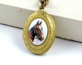 Horse Locket Necklace Horse Necklace Victorian Locket Gold Locket Vintage Horse Cameo Equestrian Southwest Cowboy - Clementine