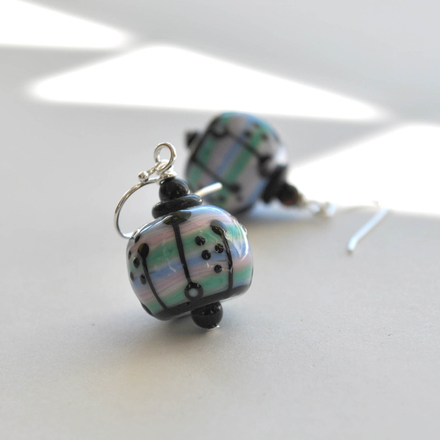 Purple Pink Glass Earrings, Lampwork Earrings, Striped Earrings, Pastel Earrings, Dangle Earrings