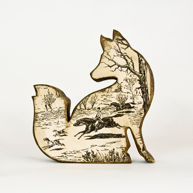 Fox Folk Art Wood with Fox Hunting Scene
