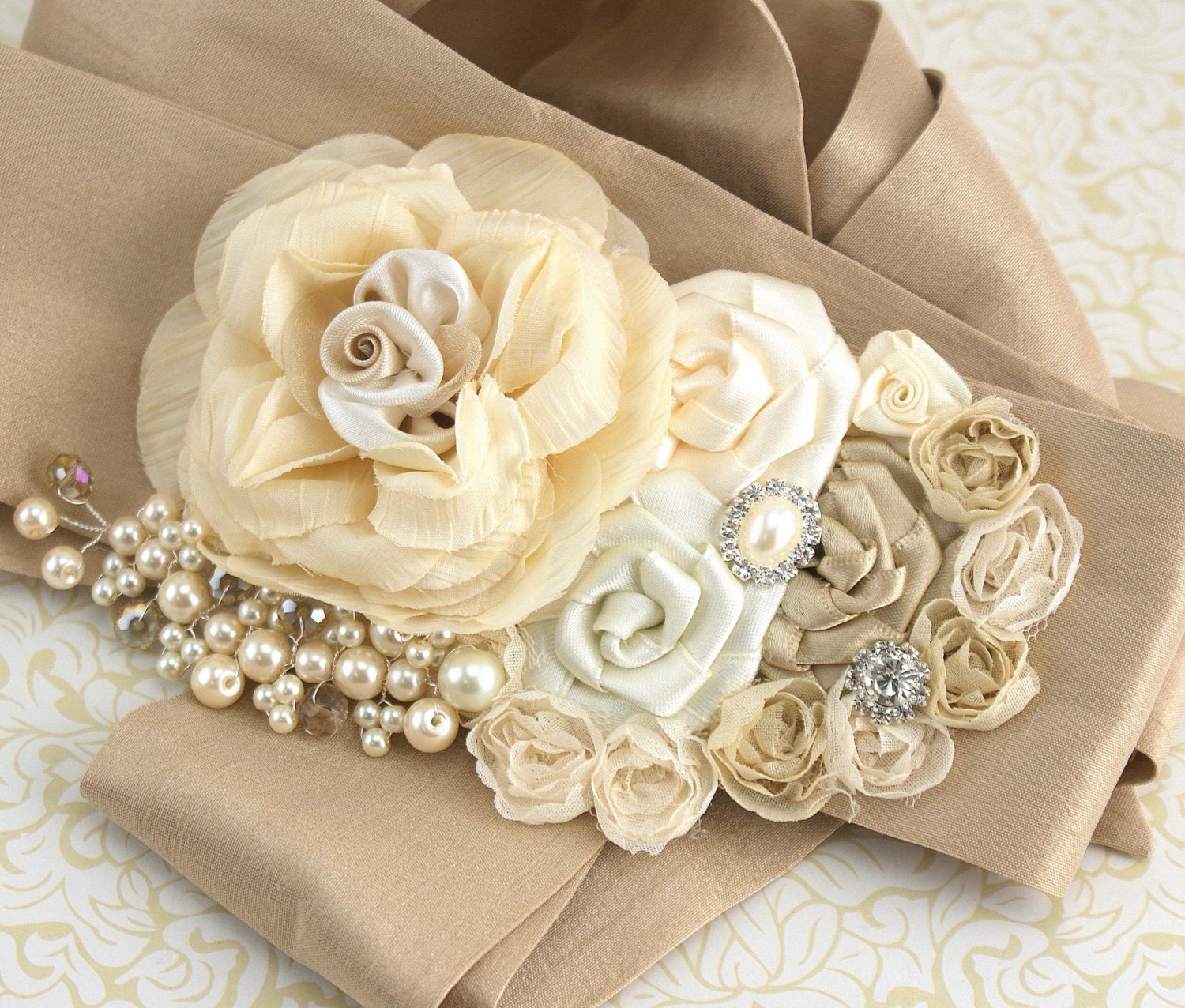 Bridal Sash Wedding Sash in Ivory, Cream, Gold and Champagne with Crystals and Pearls- Amanda