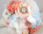 Brooch Bouquet  Vintage-Style in Ivory, Seafoam, Peach, Gold and Coral with Feathers, Lace and Brooches
