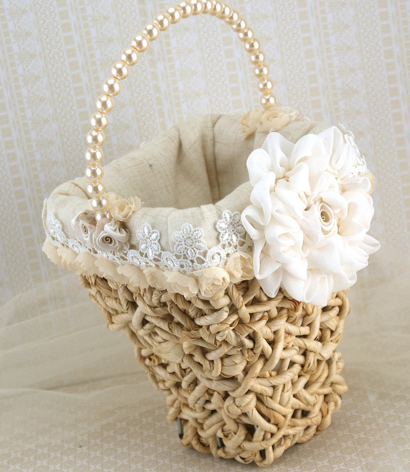 Flower Girl Basket  in Ivory with Linen, Lace and Pearls Shabby Chic Rustic Outdoor Wedding