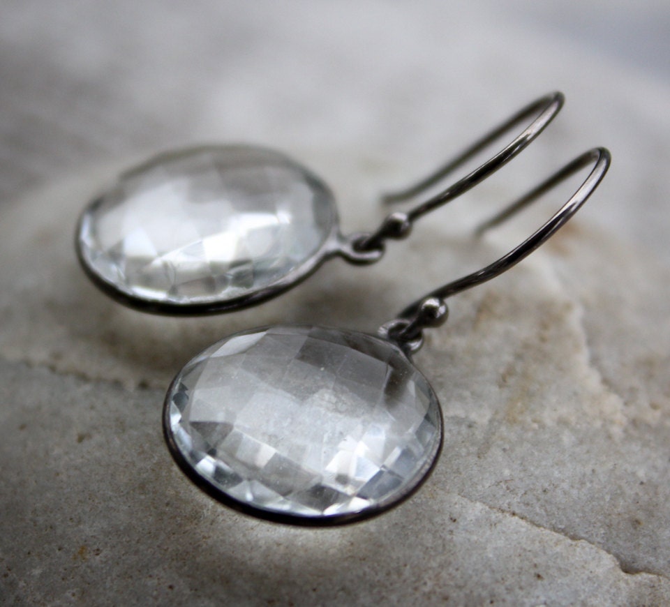 Black Rhodium Crystal Quartz Earrings - Simple Drops - Oxidized Metal