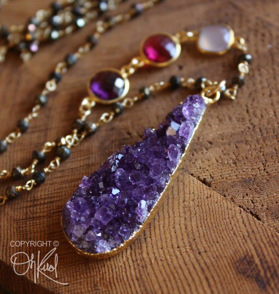 Amethyst Druzy Ruby Quartz Pink Chalcedony Black Pyrite Long Necklace