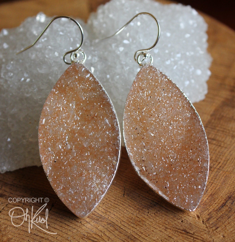 Silver Orange Stardust Druzy Earrings - Leaf Earrings - Champagne Druzy