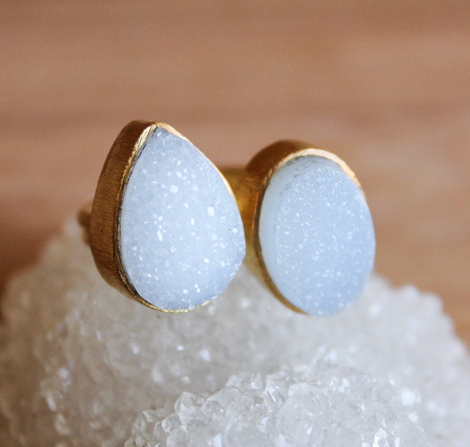Snow White Double Agate Druzy Ring - Adjustable Ring - Mother's Day Gifts
