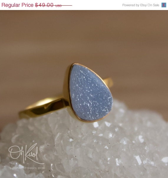 CLEARANCE SALE Gold Nautical Blue Agate Druzy Ring - Teardrop - Size 5.5 Ring