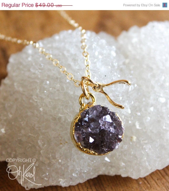 SALE 15 OFF Gold Black Druzy and Wishbone Charm Necklace - 14K Gold Fill - Gemstone Necklace