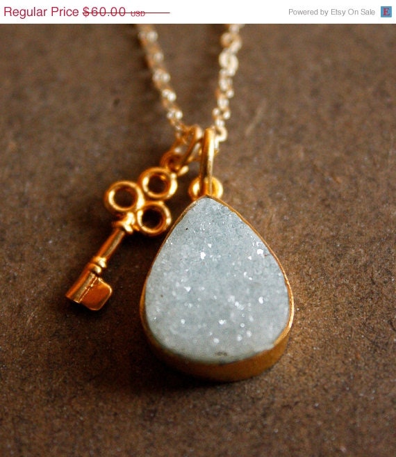 SALE 15 OFF Soft White Druzy and Skeleton Key Charm Necklace - 14KT Gold Fill