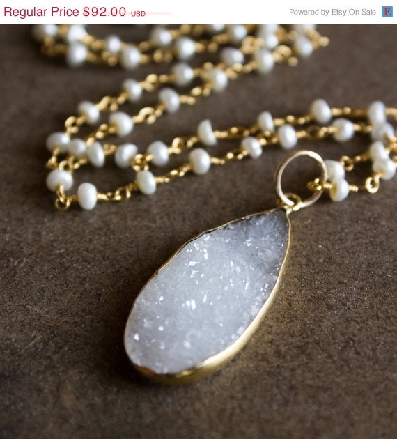 SALE 15 OFF Gold Soft Grey Druzy Necklace on a White Freshwater Pearl Chain - Layering Necklace