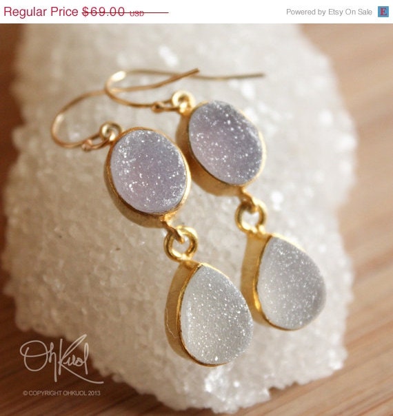 SALE 15 OFF Gold Mauve Druzy and Vanilla Druzy Earrings - 14K Gold Fill - Pastel Dreams