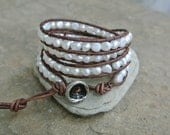 FreshWater Pearl Beaded Natural  Leather Wrap Bracelet