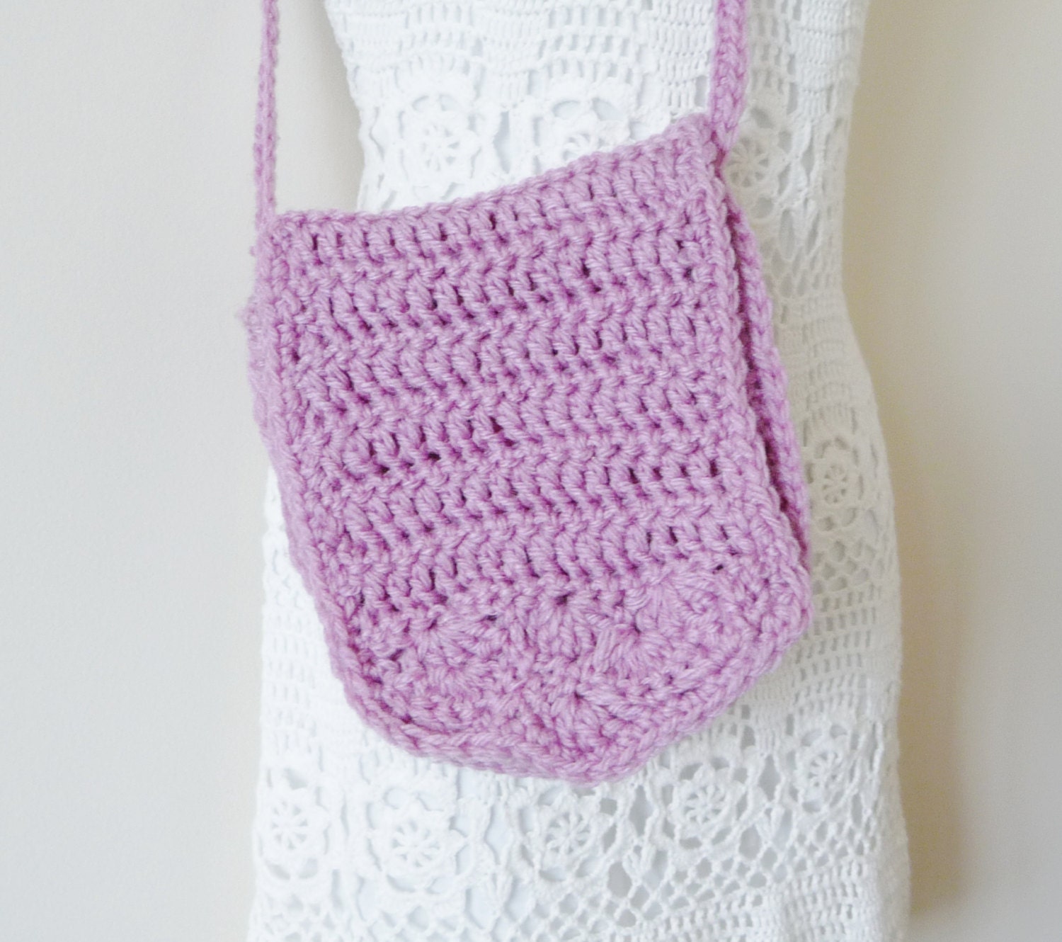 Crochet - 1960s - Pouch - Lavender - Floral Lined - Hippie - Boho - Festival - Handmade - Gypsy - Purple