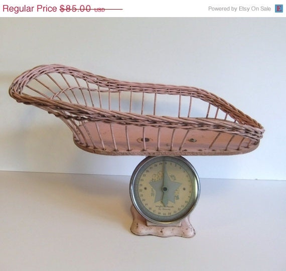 On Sale Vintage Baby Scale Pink Wicker basket