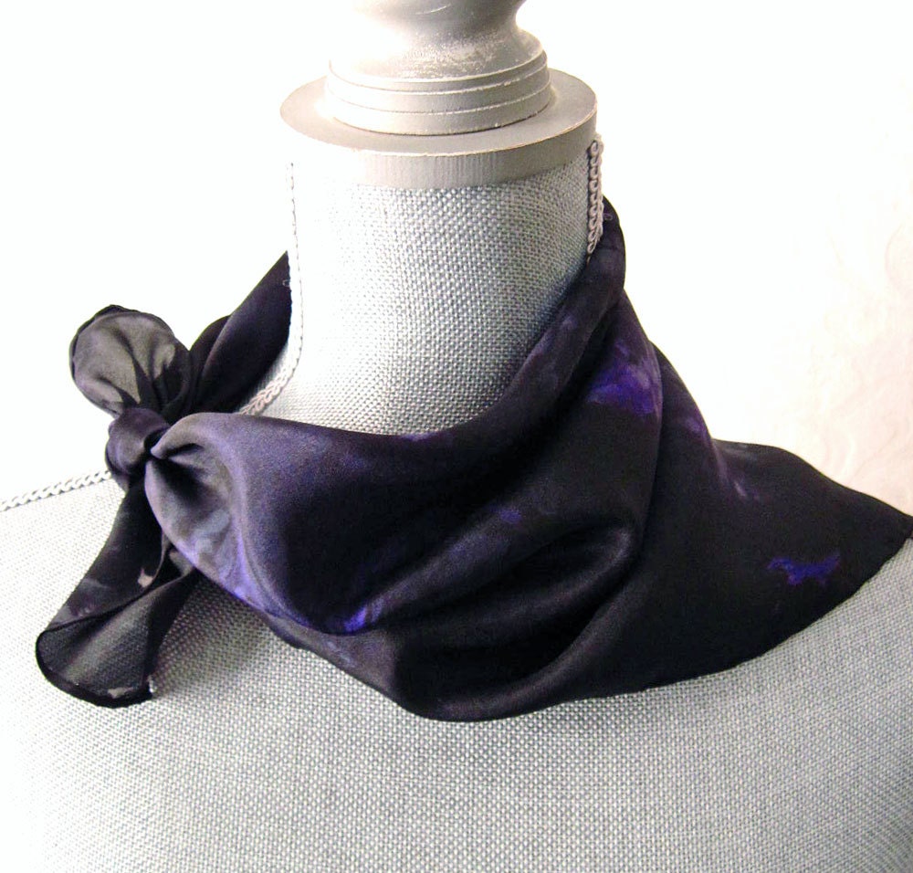 Hand Painted Silk Bandana Scarf in Black and Amethyst