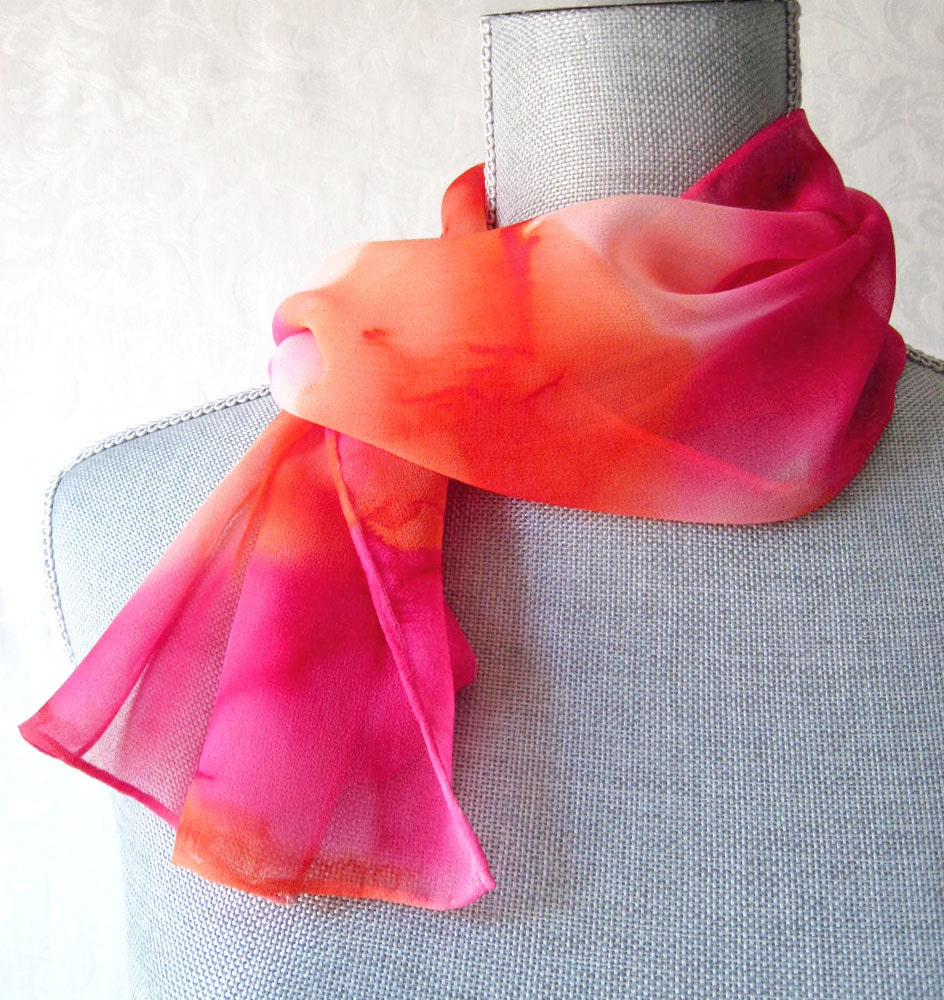Skinny Silk Chiffon Scarf Hand Dyed in Retro Pink and Orange