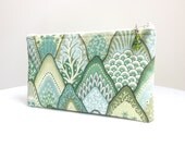 Hilly Blue Green Clutch / Zippered Bag with Beaded Pull