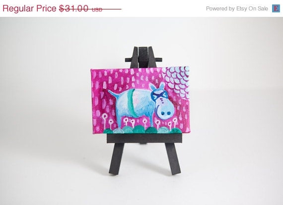 ON SALE Colorful Hippopotamus, Miniature Painting, Whimsical Small Art, Children's Animal Character - Original Mini Painting by Kimberly K
